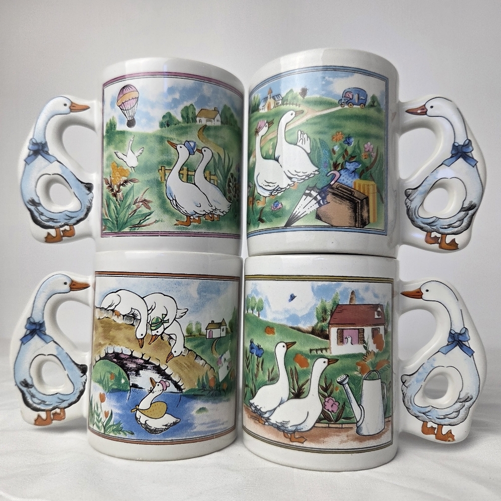 🪿 Vintage Goose Mug Set of 4 | Country Cottage | Blue Bow Handles